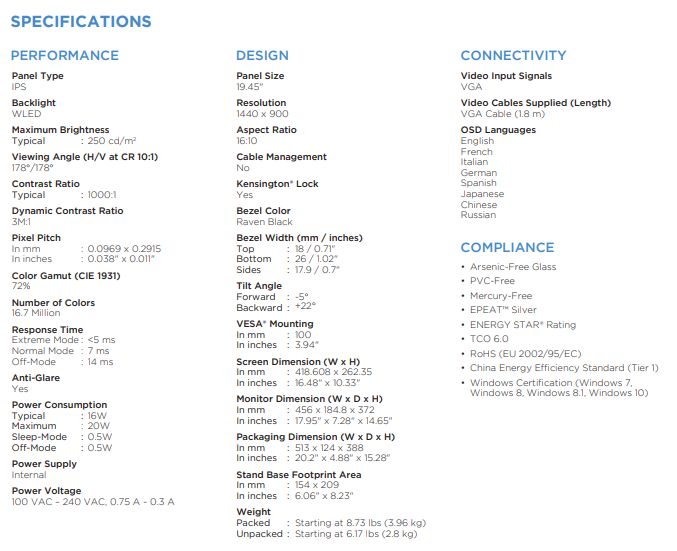 Specifications of the thinkvision monitor